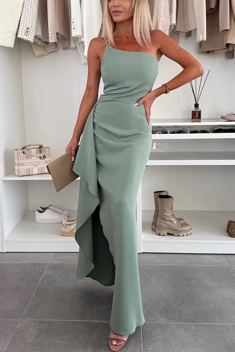 Women's One-Shoulder Draped Maxi Fall Wedding Guest Dress Slit