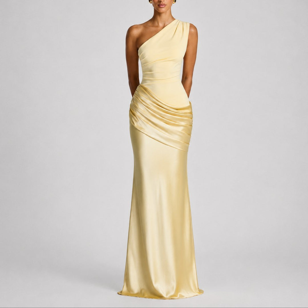 Women's One-Shoulder Draped Satin Maxi Fall Wedding Guest Dress
