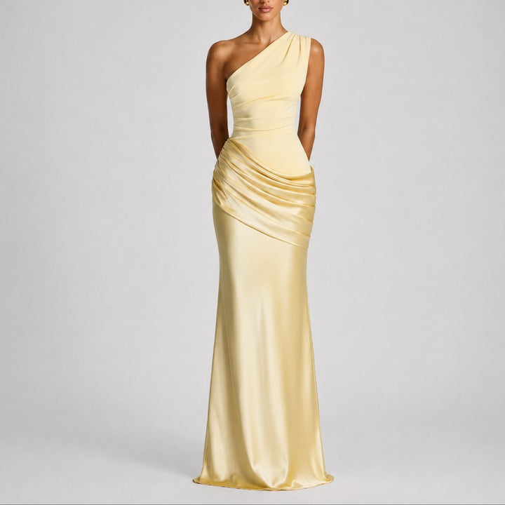 Women's One-Shoulder Draped Satin Maxi Fall Wedding Guest Dress