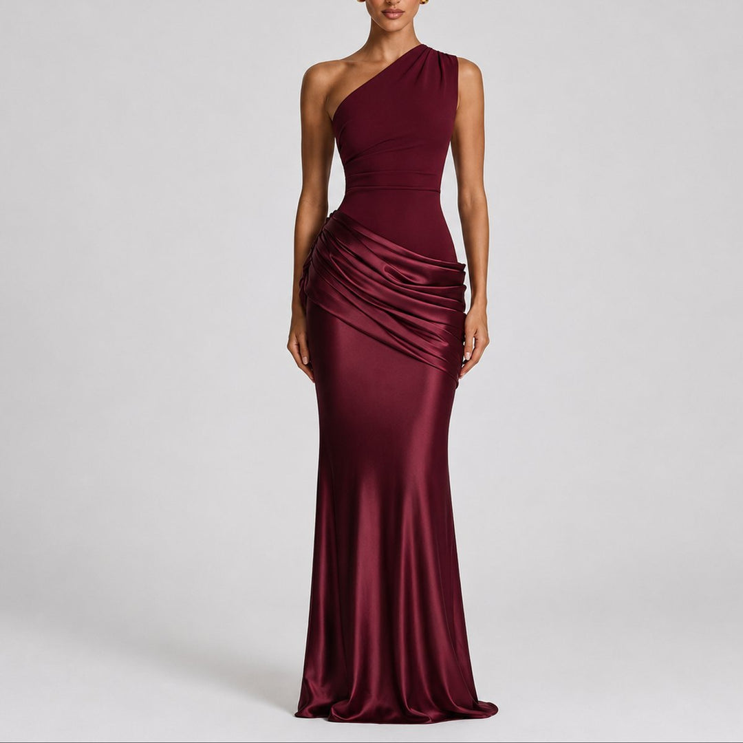 Women's One-Shoulder Draped Satin Maxi Fall Wedding Guest Dress