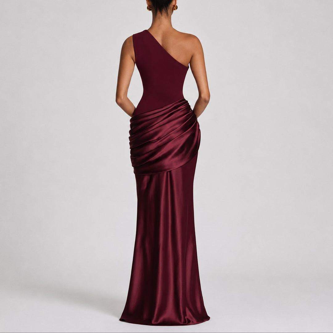 Women's One-Shoulder Draped Satin Maxi Fall Wedding Guest Dress