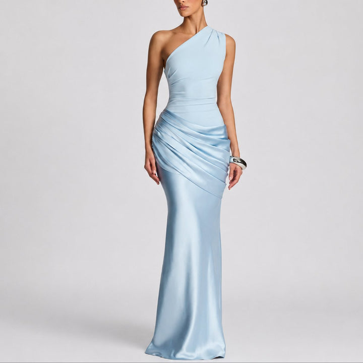 Women's One-Shoulder Draped Satin Maxi Fall Wedding Guest Dress