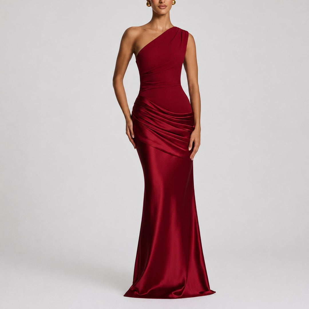Women's One-Shoulder Draped Satin Maxi Fall Wedding Guest Dress