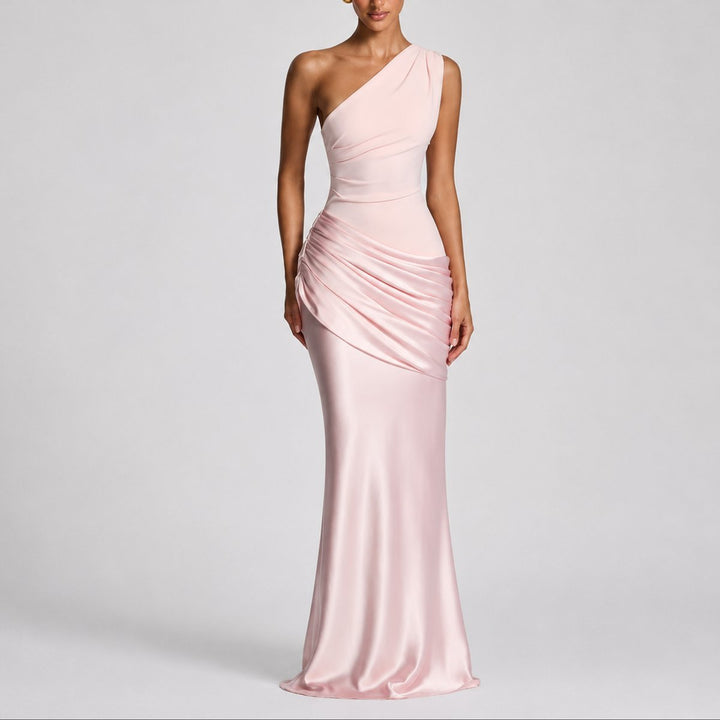 Women's One-Shoulder Draped Satin Maxi Fall Wedding Guest Dress