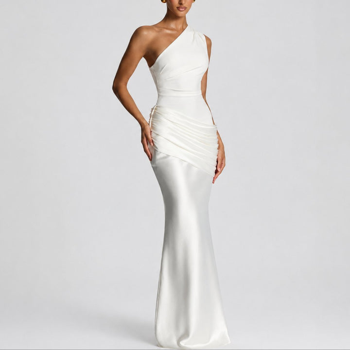 Women's One-Shoulder Draped Satin Maxi Fall Wedding Guest Dress