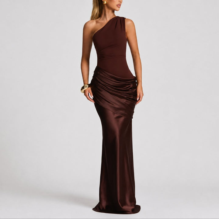 Women's One-Shoulder Draped Satin Maxi Fall Wedding Guest Dress