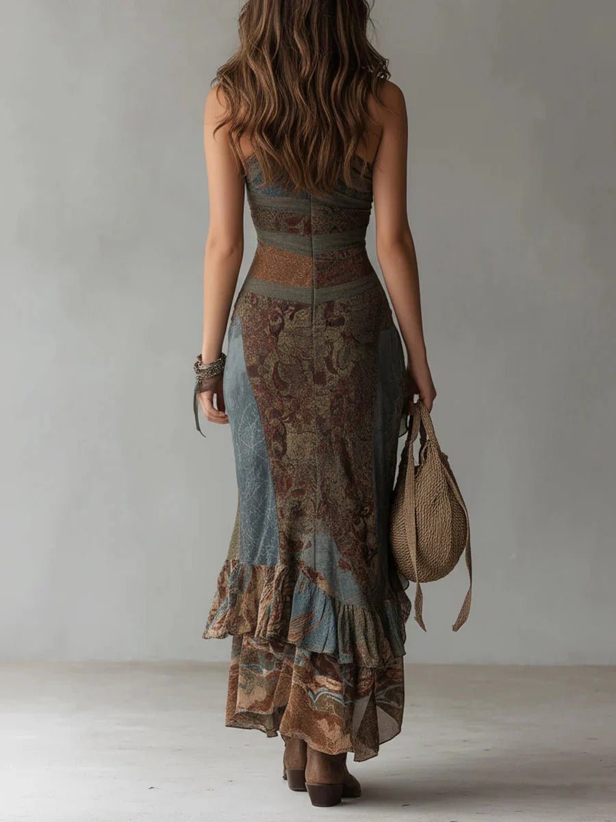Women's One-Shoulder Ethnic Print Asymmetric Slit Formal Dress