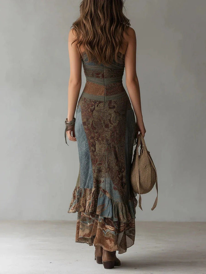 Women's One-Shoulder Ethnic Print Asymmetric Slit Formal Dress