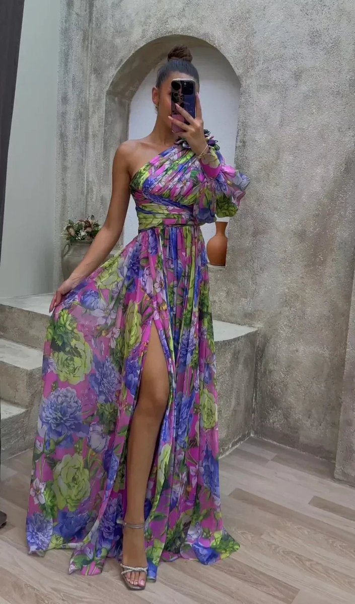 Women's One-Shoulder Floral Chiffon Maxi Formal Dress High Slit
