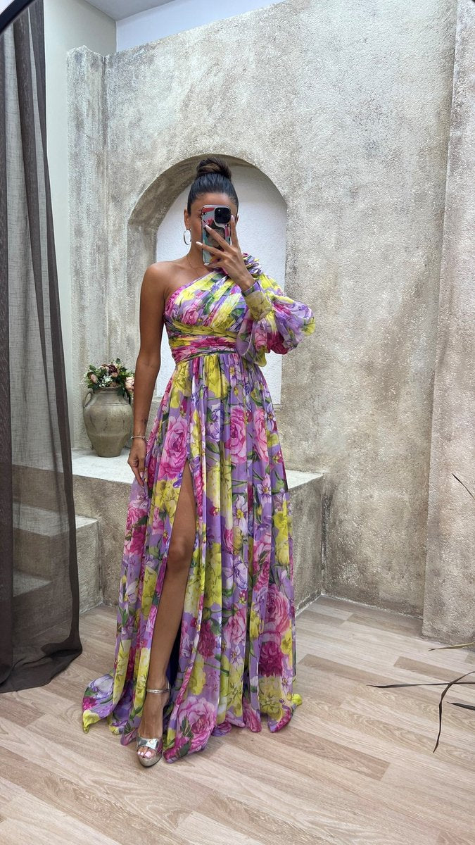 Women's One-Shoulder Floral Chiffon Maxi Formal Dress High Slit