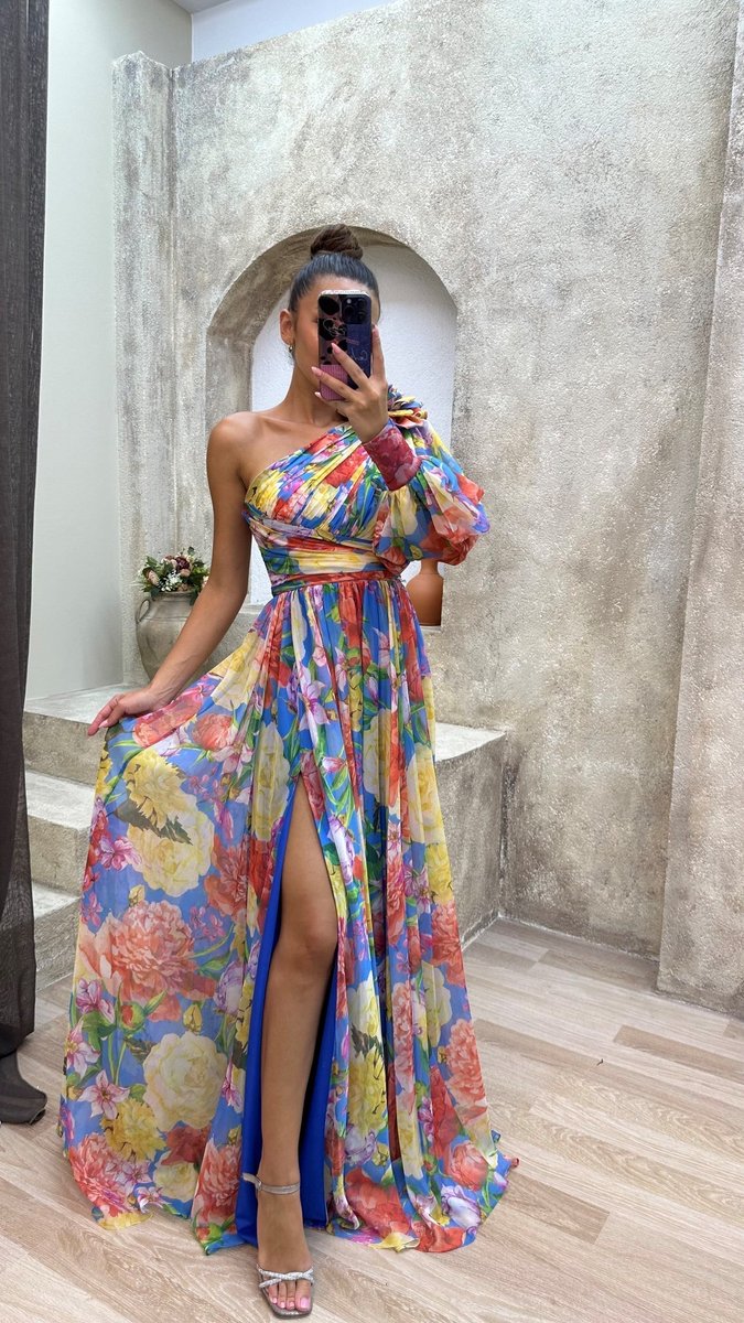 Women's One-Shoulder Floral Chiffon Maxi Formal Dress High Slit