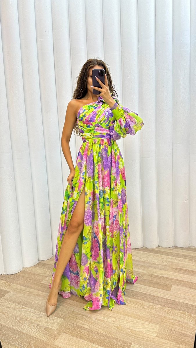 Women's One-Shoulder Floral Chiffon Maxi Formal Dress High Slit