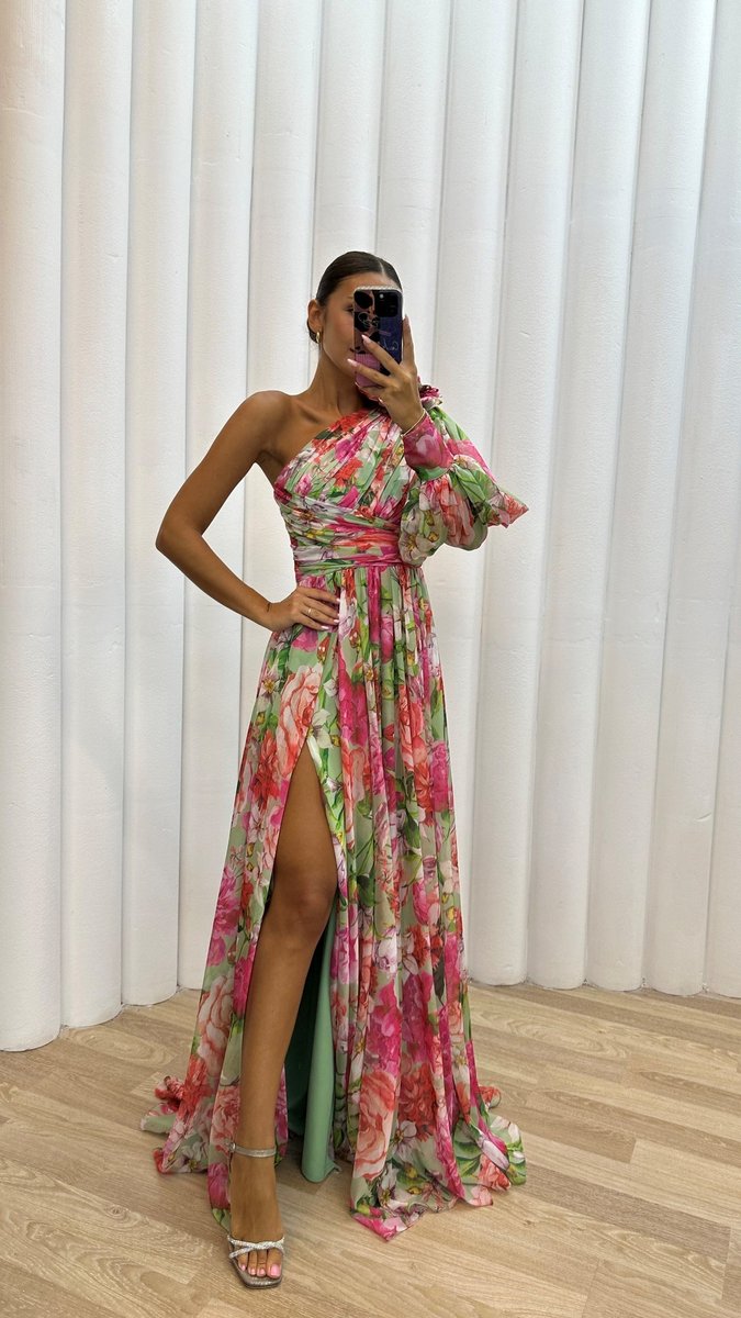 Women's One-Shoulder Floral Chiffon Maxi Formal Dress High Slit