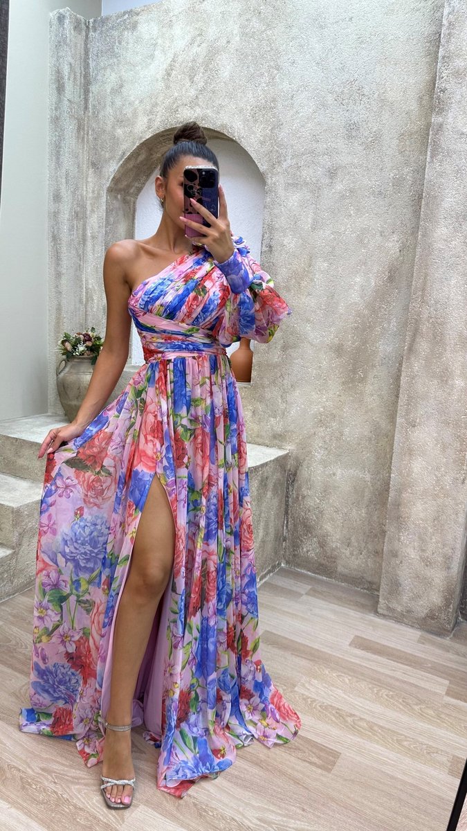 Women's One-Shoulder Floral Chiffon Maxi Formal Dress High Slit
