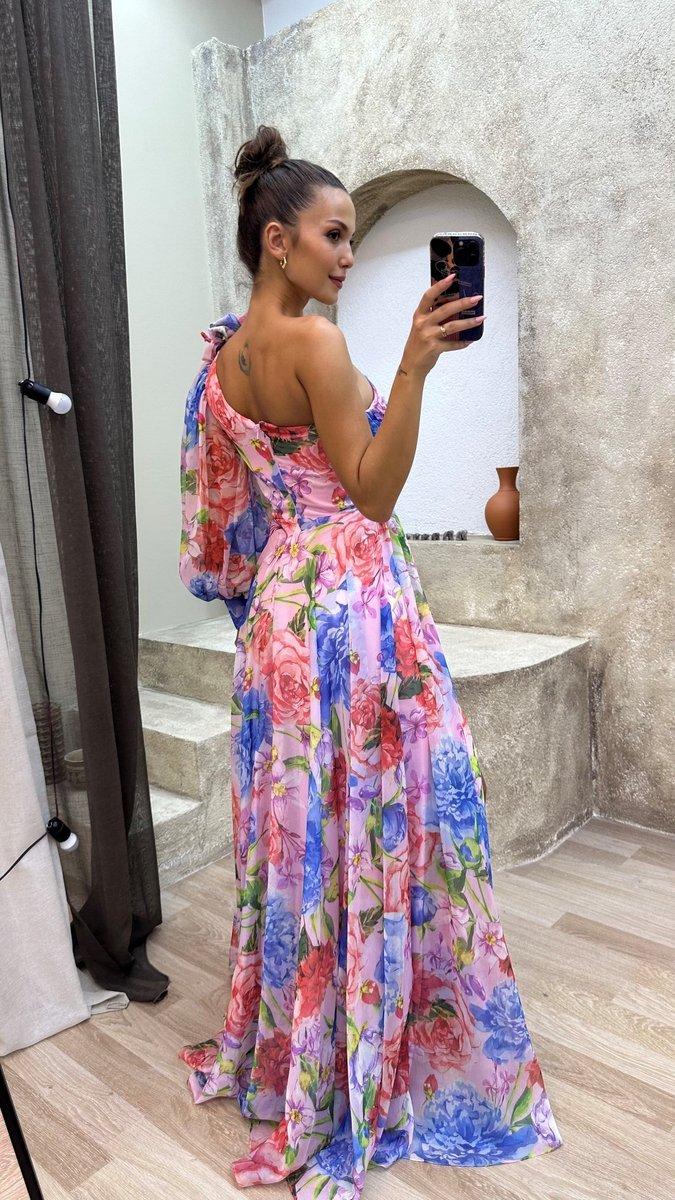 Women's One-Shoulder Floral Chiffon Maxi Formal Dress High Slit