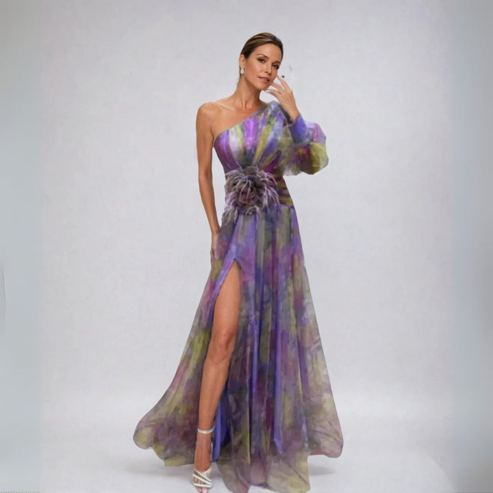 Women's One-Shoulder Floral Formal Dress Flowy Maxi Gown