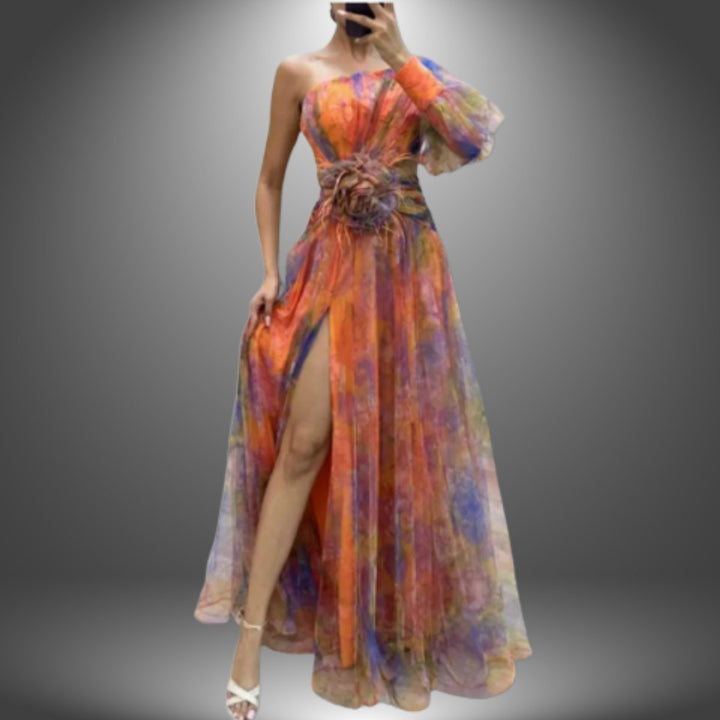 Women's One-Shoulder Floral Formal Dress Flowy Maxi Gown