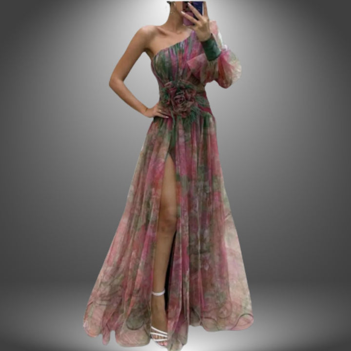Women's One-Shoulder Floral Formal Dress Flowy Maxi Gown