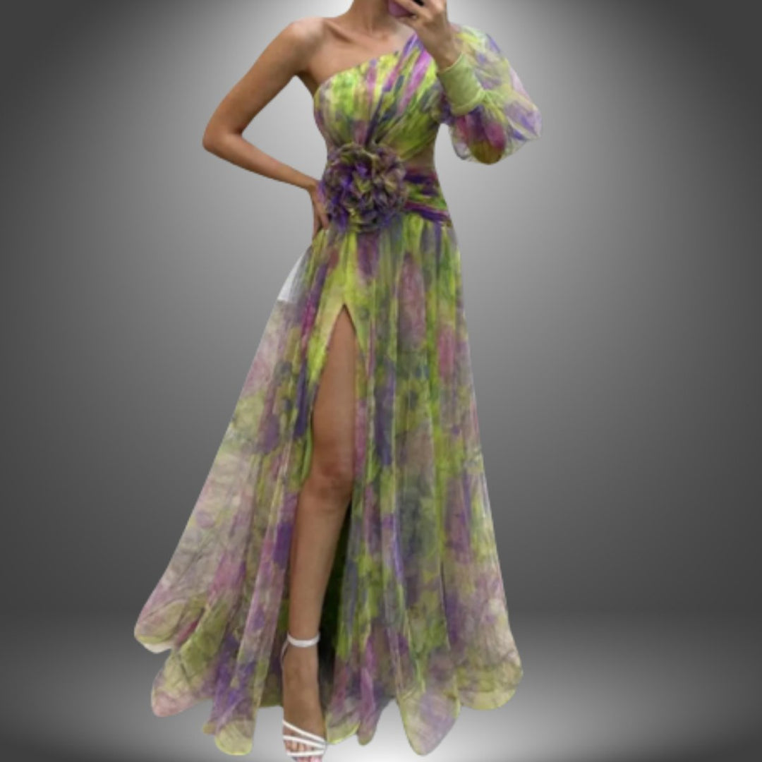 Women's One-Shoulder Floral Formal Dress Flowy Maxi Gown