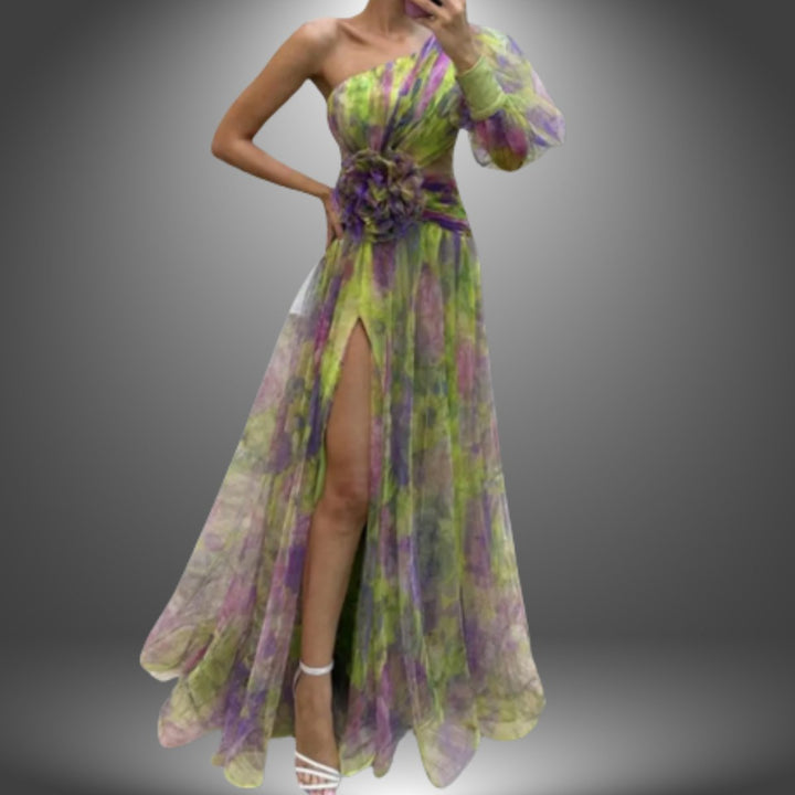 Women's One-Shoulder Floral Formal Dress Flowy Maxi Gown