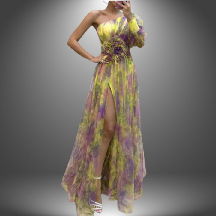 Women's One-Shoulder Floral Formal Dress Flowy Maxi Gown