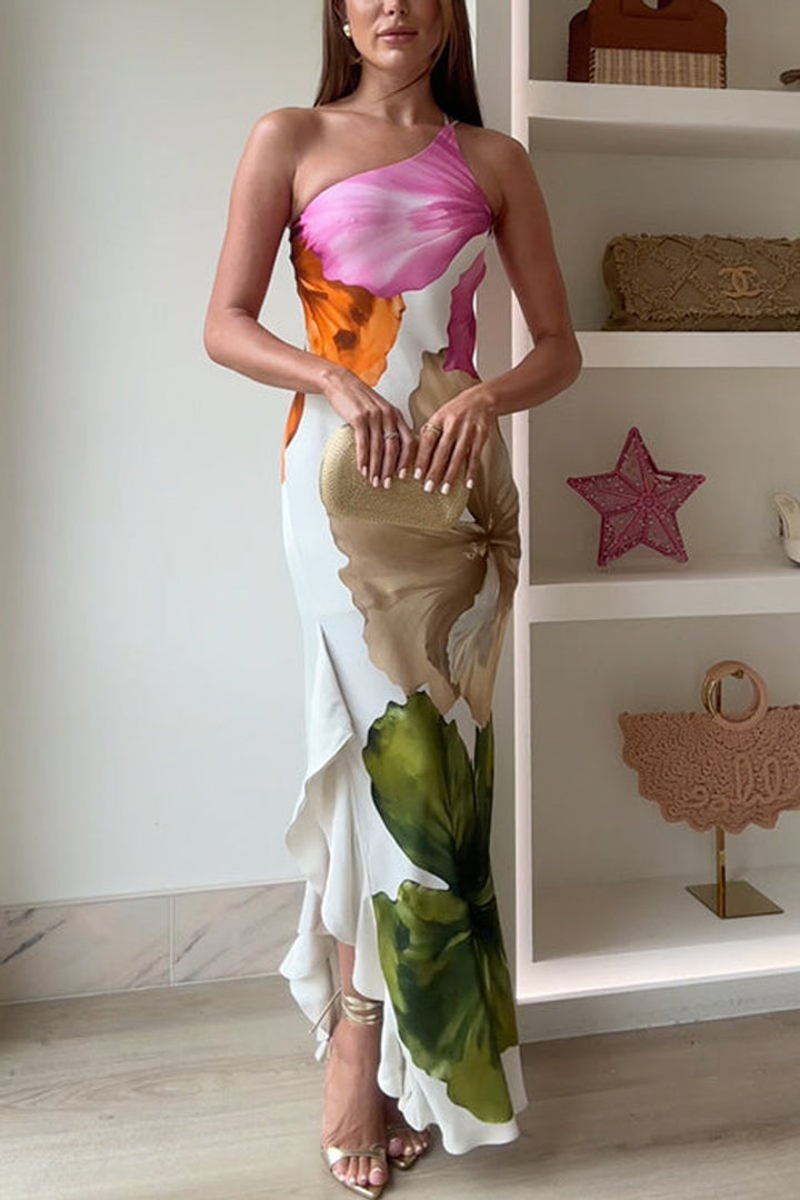 Women's One-Shoulder Floral Maxi Fall Wedding Guest Dress Ruffled Slit