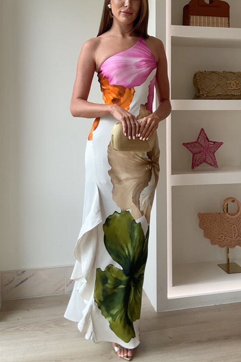 Women's One-Shoulder Floral Maxi Fall Wedding Guest Dress Ruffled Slit