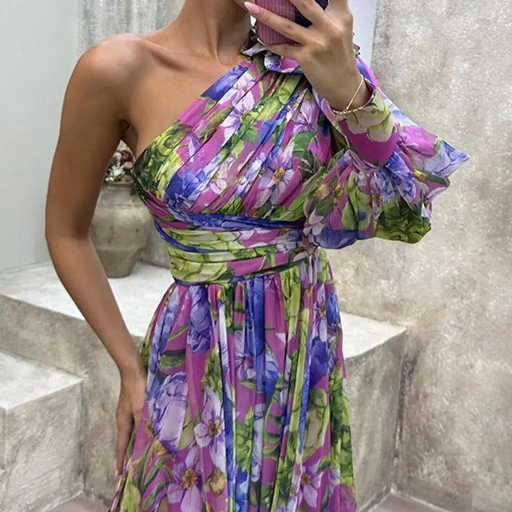 Women's One-Shoulder Floral Maxi Formal Dress High-Slit