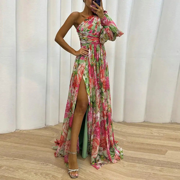Women's One-Shoulder Floral Maxi Formal Dress High-Slit