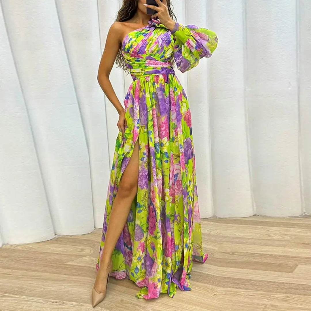Women's One-Shoulder Floral Maxi Formal Dress High-Slit