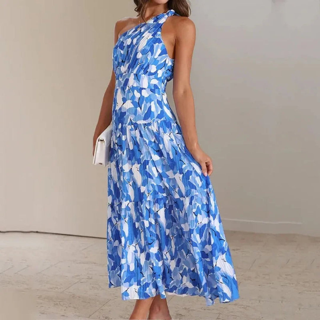Women's One-Shoulder Floral Pleated Fall Midi Dress