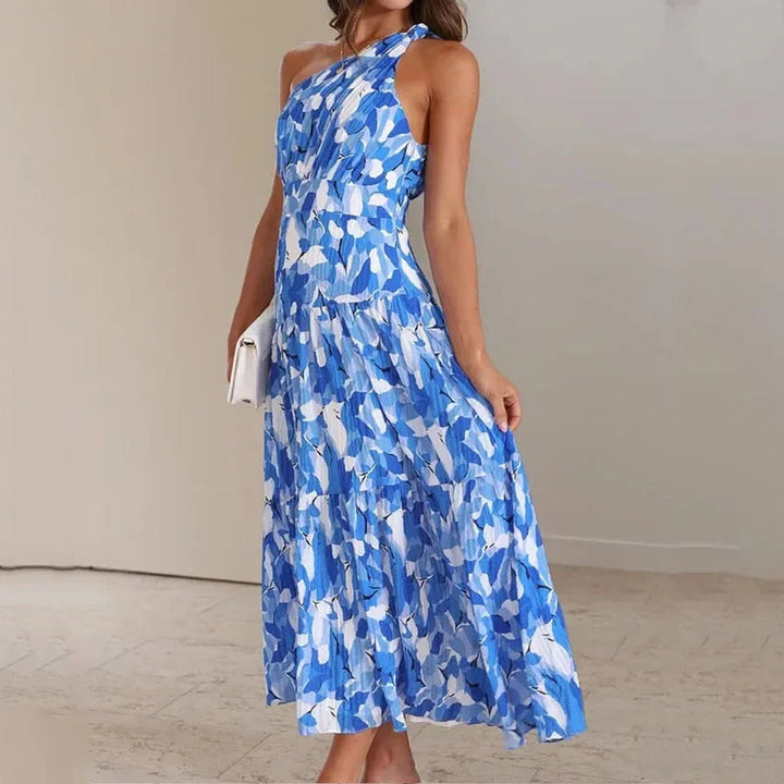 Women's One-Shoulder Floral Pleated Fall Midi Dress