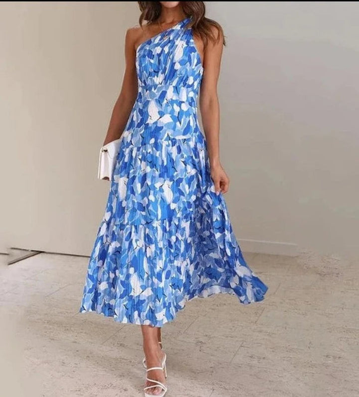 Women's One-Shoulder Floral Pleated Fall Midi Dress