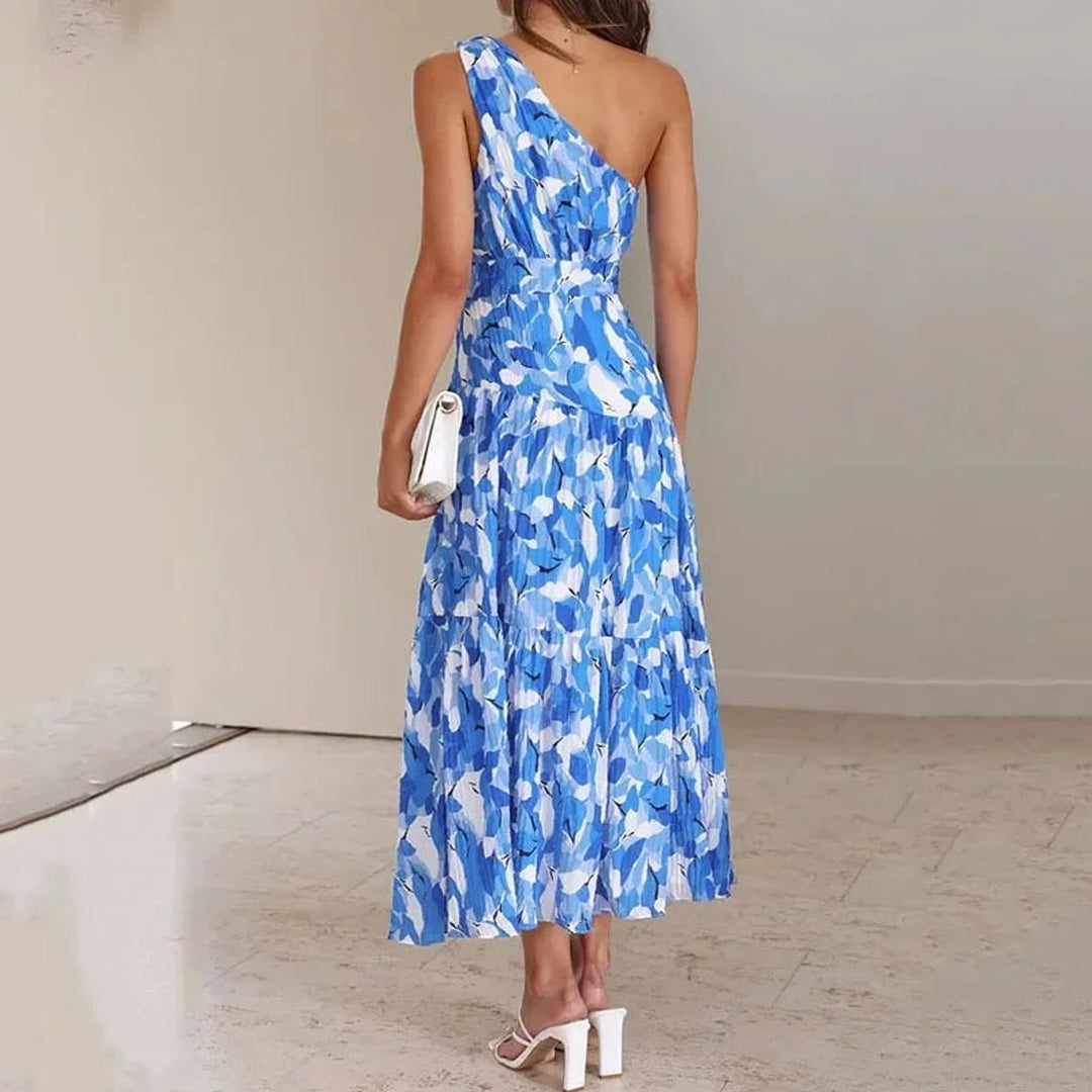 Women's One-Shoulder Floral Pleated Fall Midi Dress