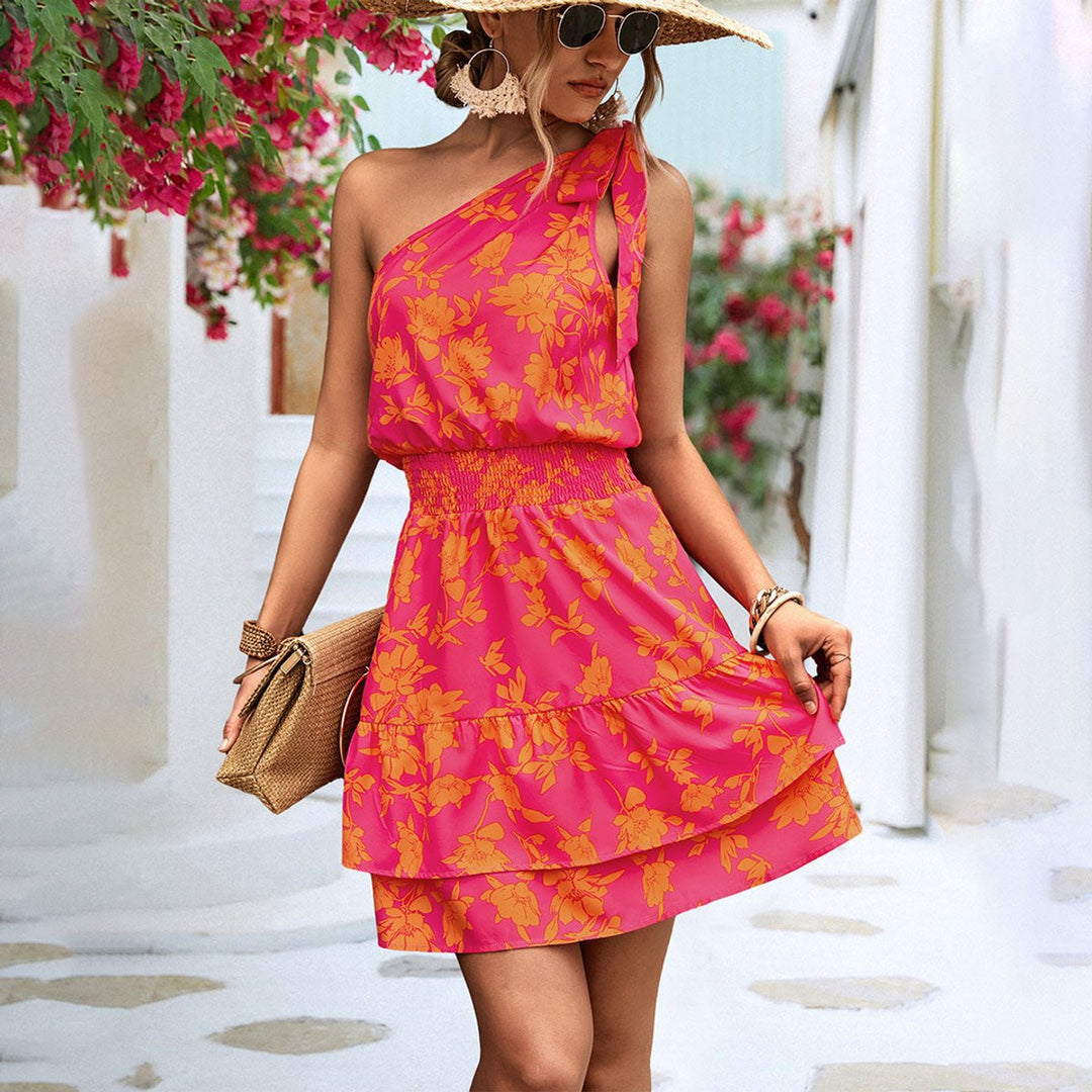 Women's One-Shoulder Floral Tiered Fall Midi Dress