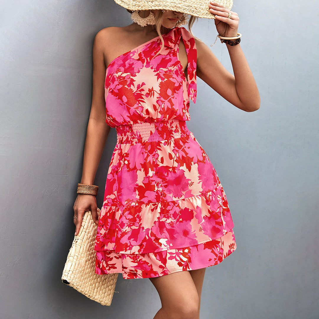 Women's One-Shoulder Floral Tiered Fall Midi Dress