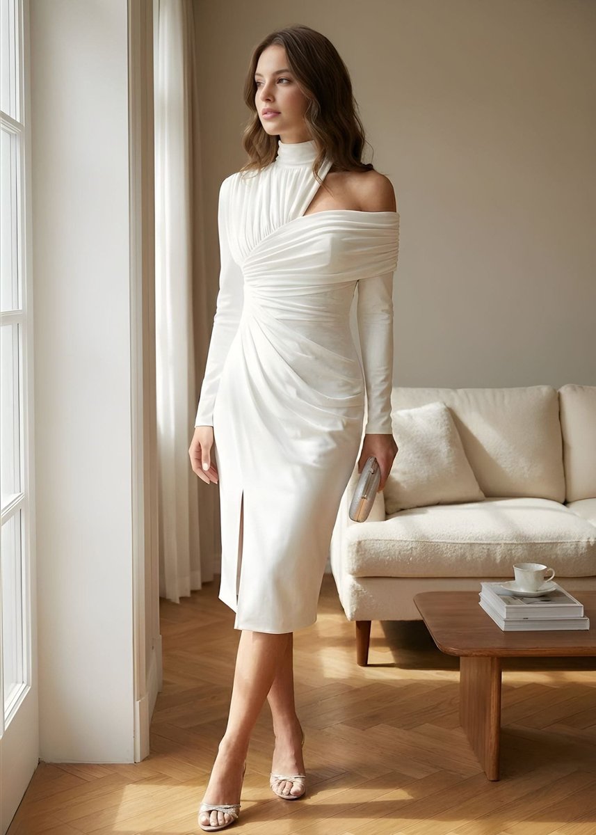 Women's One-Shoulder Long Sleeve Ruched Midi Formal Dress