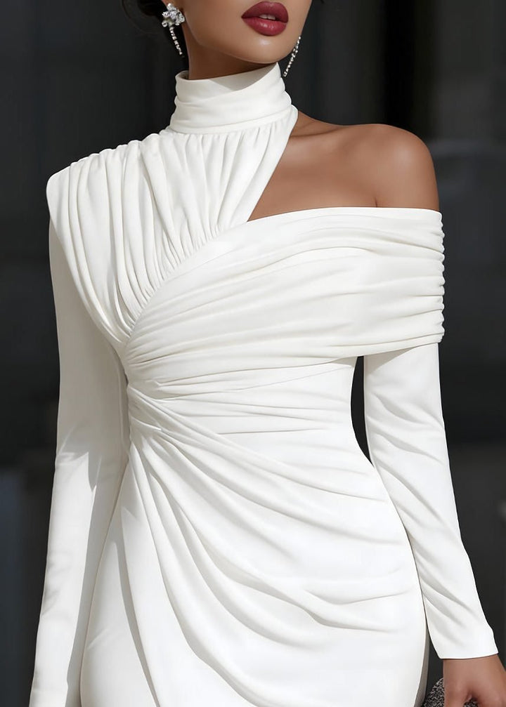 Women's One-Shoulder Long Sleeve Ruched Midi Formal Dress