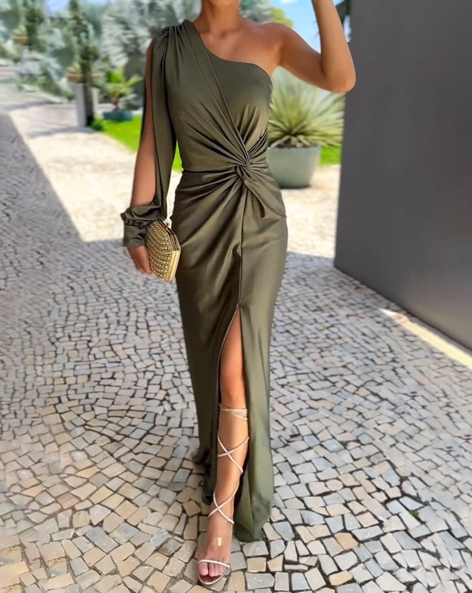 Women's One-Shoulder Long-Sleeve Slit Maxi Formal Dress