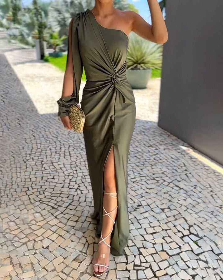 Women's One-Shoulder Long-Sleeve Slit Maxi Formal Dress