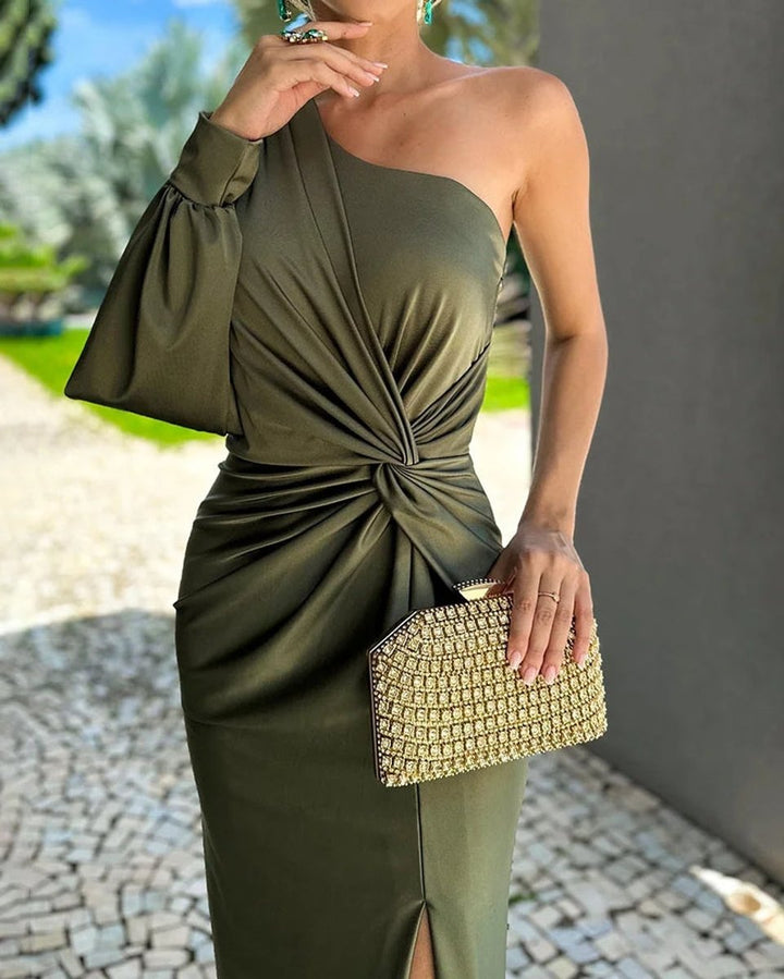 Women's One-Shoulder Long-Sleeve Slit Maxi Formal Dress