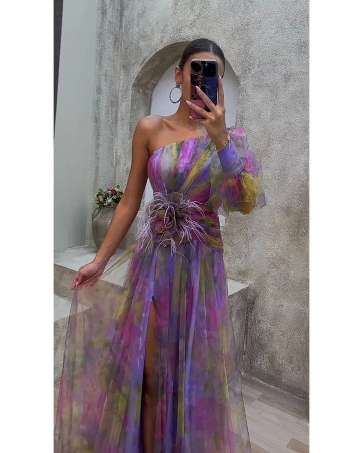 Women's One-Shoulder Long-Sleeve Tulle Formal Dress
