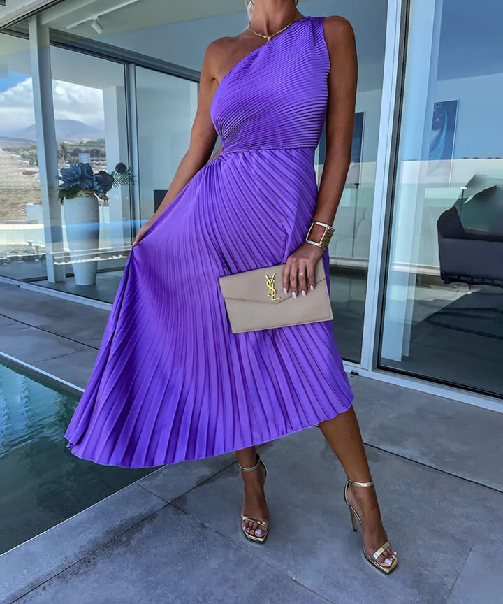 Women's One-Shoulder Pleated Asymmetric Midi Formal Dress