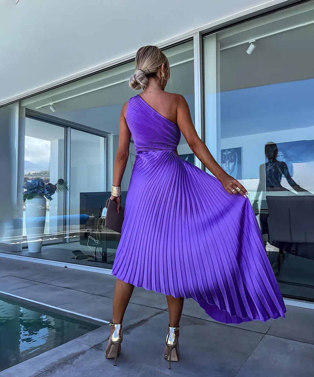 Women's One-Shoulder Pleated Asymmetric Midi Formal Dress
