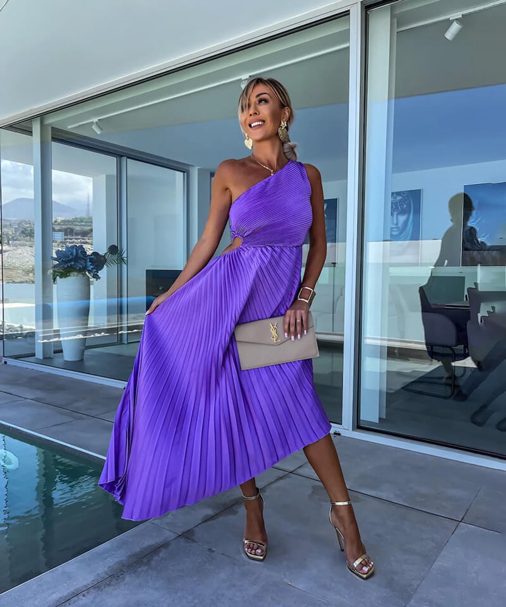 Women's One-Shoulder Pleated Asymmetric Midi Formal Dress