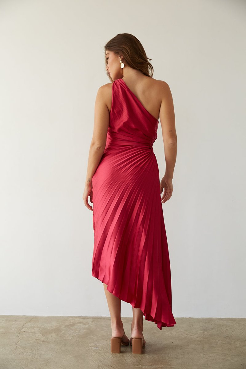 Women's One-Shoulder Pleated Asymmetrical Fall Midi Dress