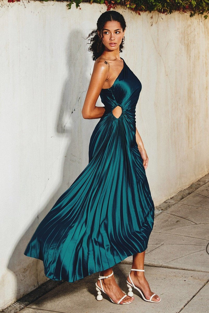 Women's One-Shoulder Pleated Asymmetrical Fall Midi Dress