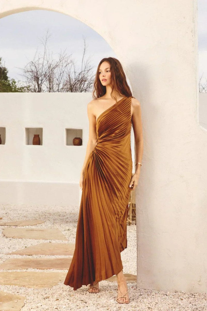 Women's One-Shoulder Pleated Asymmetrical Fall Midi Dress