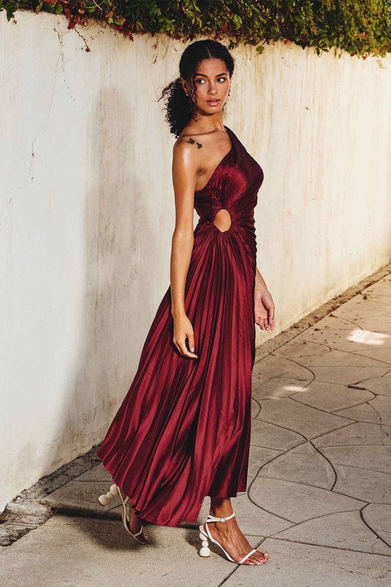 Women's One-Shoulder Pleated Asymmetrical Fall Midi Dress