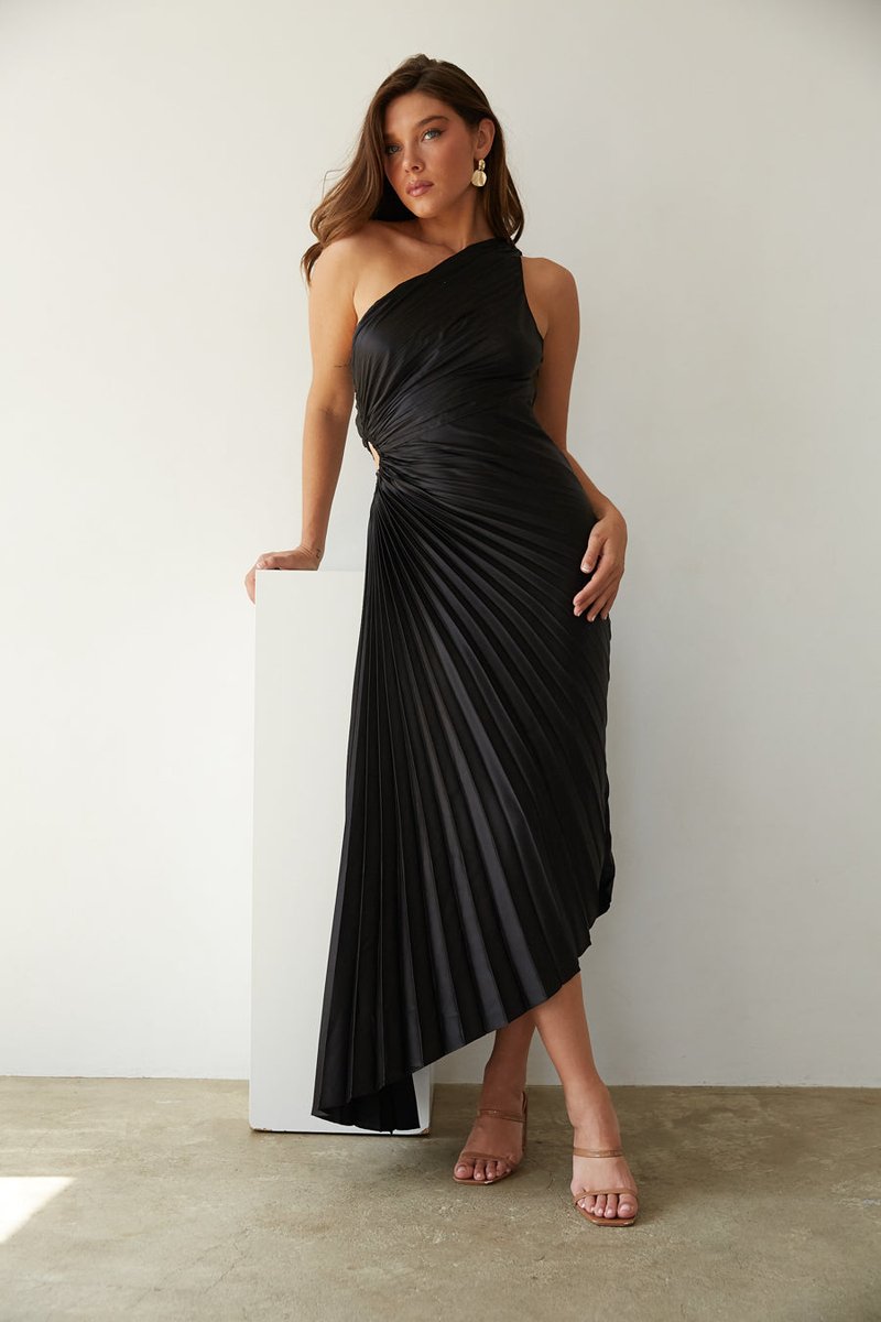 Women's One-Shoulder Pleated Asymmetrical Fall Midi Dress